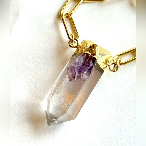 SALE 24k Gold Filled Quartz Point with Amethyst Necklace 19 inches - Picture 3 of 7